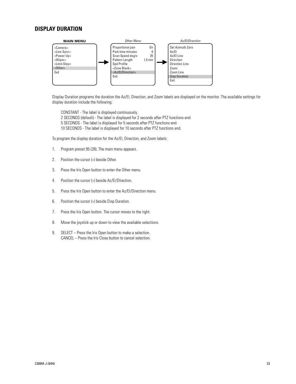 Display duration, Gain/agc | Pelco ESPRIT ES30C User Manual | Page 23 / 50