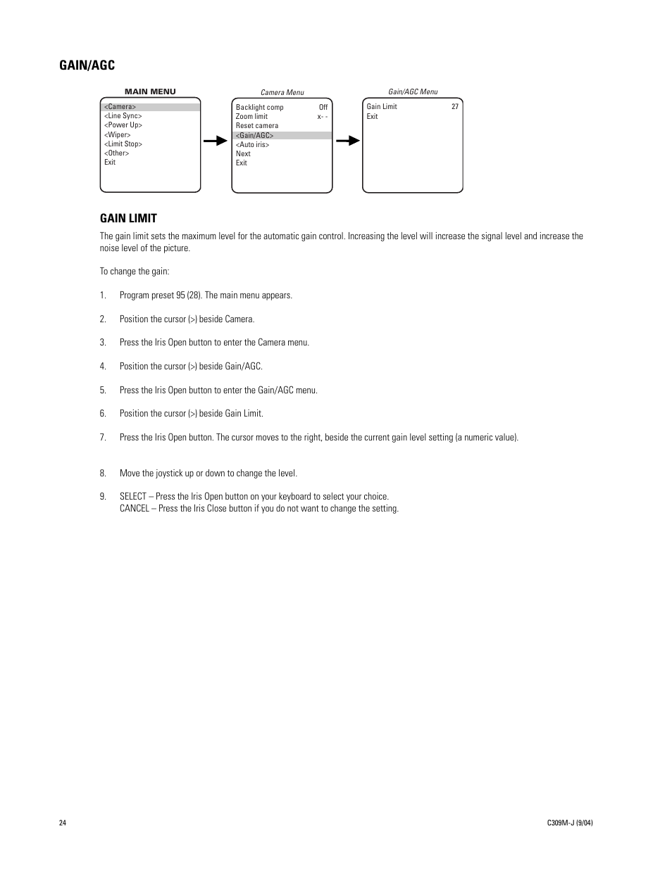 Gain/agc, Gain limit | Pelco ESPRIT ES30C User Manual | Page 24 / 50