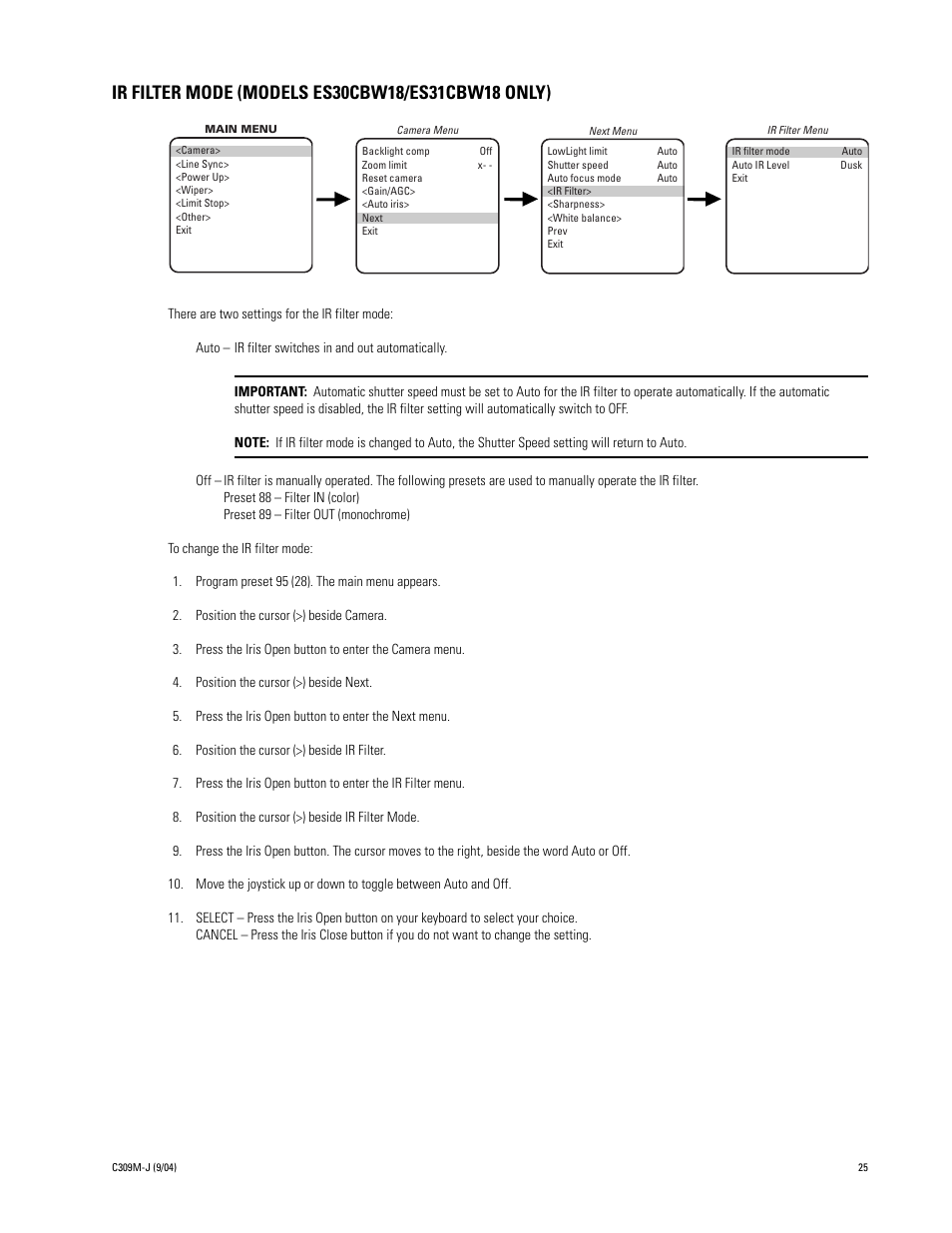 Ir filter mode (models es30cbw18/es31cbw18 only) | Pelco ESPRIT ES30C User Manual | Page 25 / 50