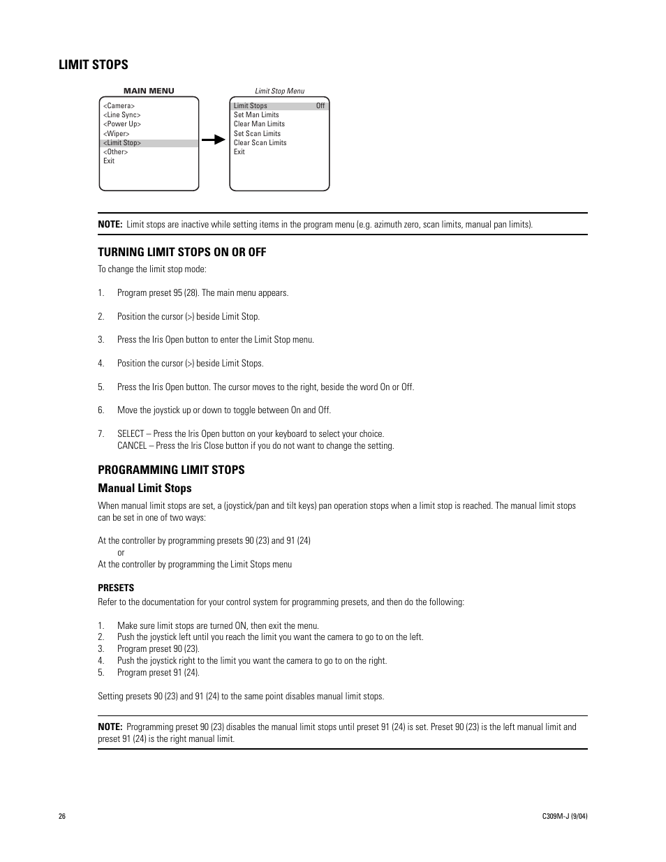 Limit stops, Programming limit stops | Pelco ESPRIT ES30C User Manual | Page 26 / 50