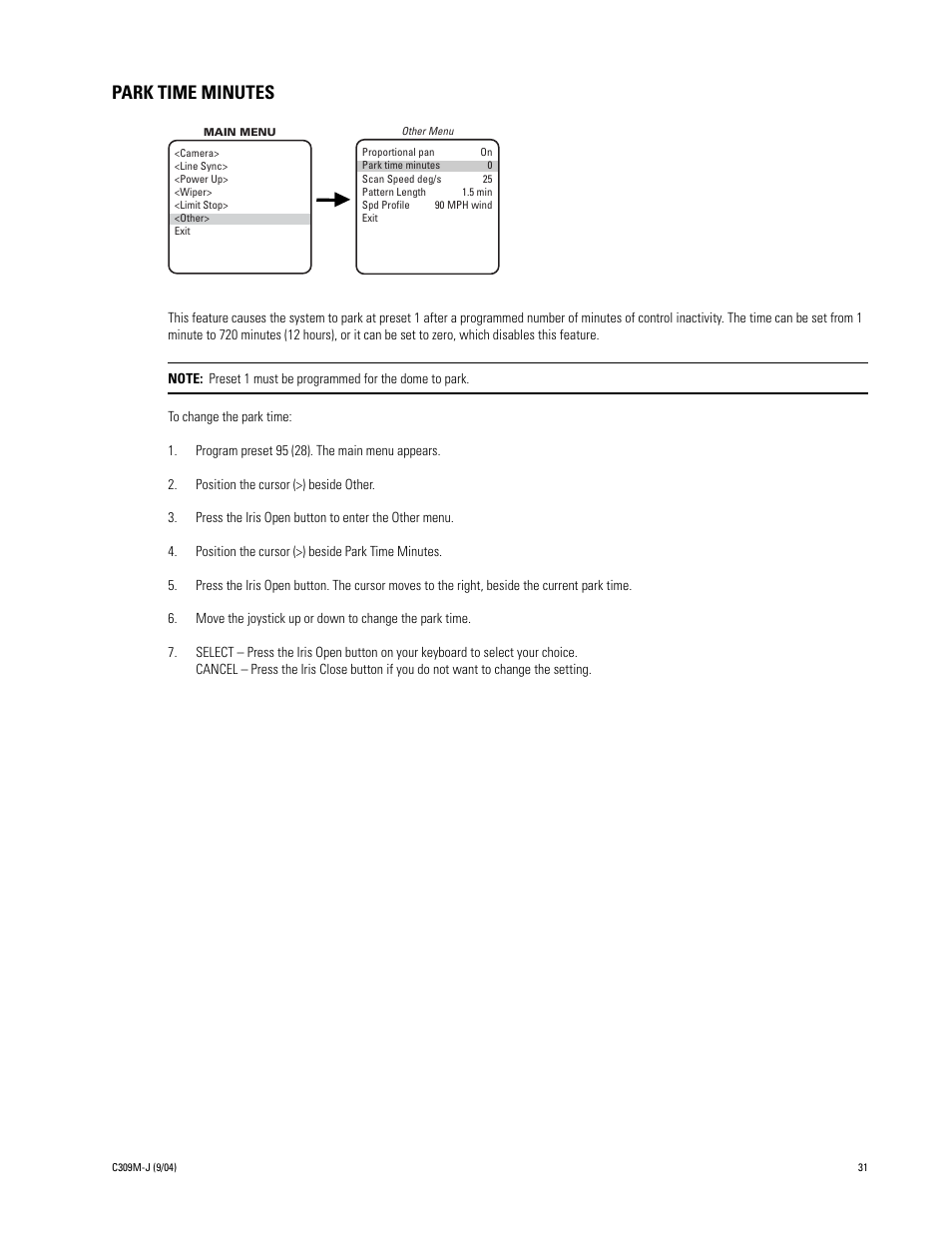 Park time minutes | Pelco ESPRIT ES30C User Manual | Page 31 / 50