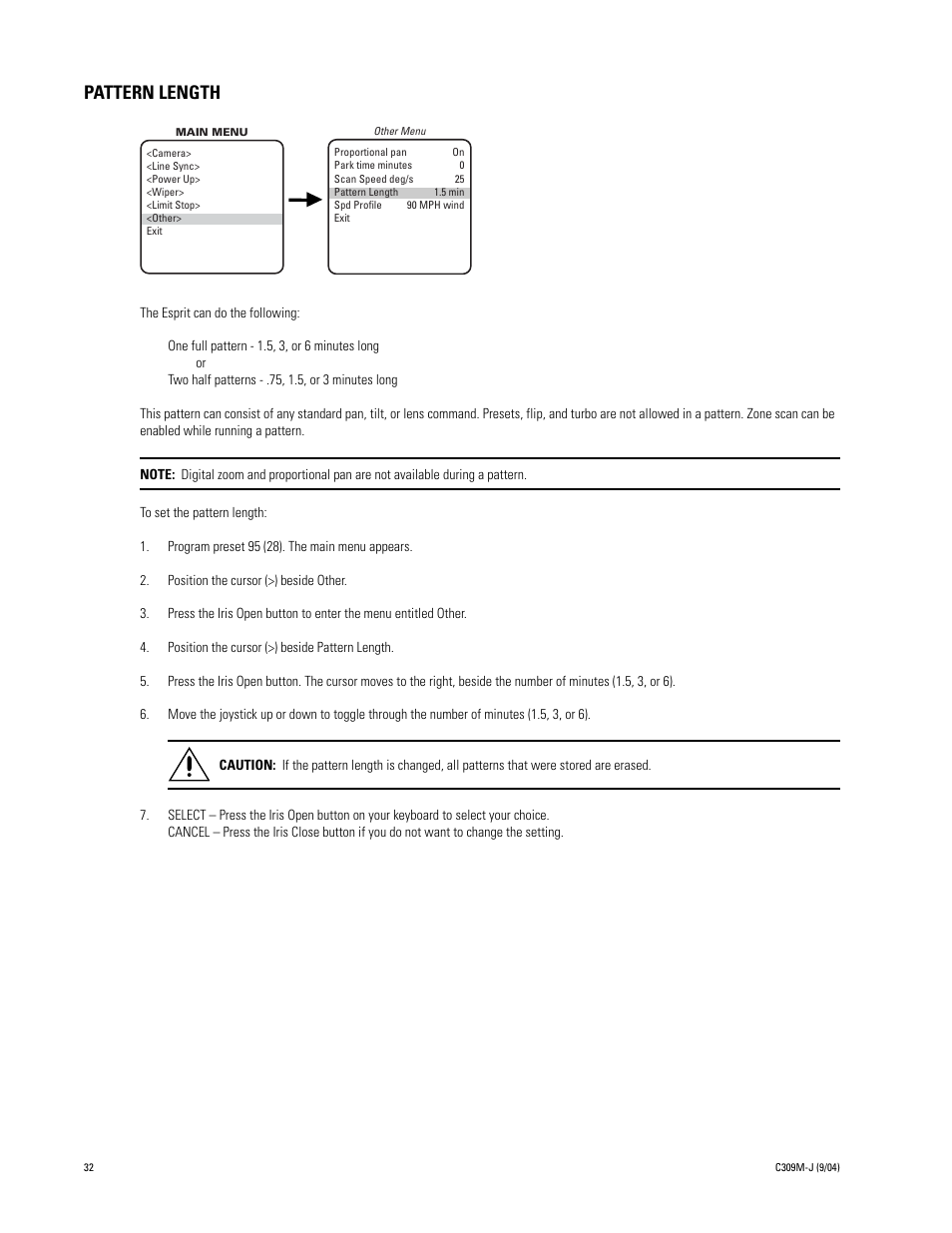 Pattern length, Power-up mode | Pelco ESPRIT ES30C User Manual | Page 32 / 50