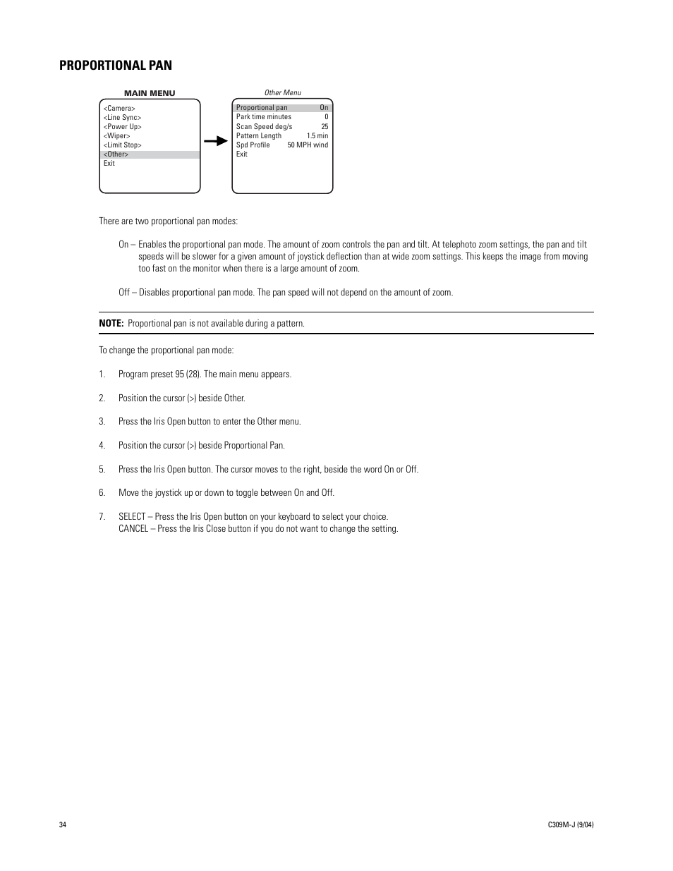 Proportional pan, Reset camera | Pelco ESPRIT ES30C User Manual | Page 34 / 50