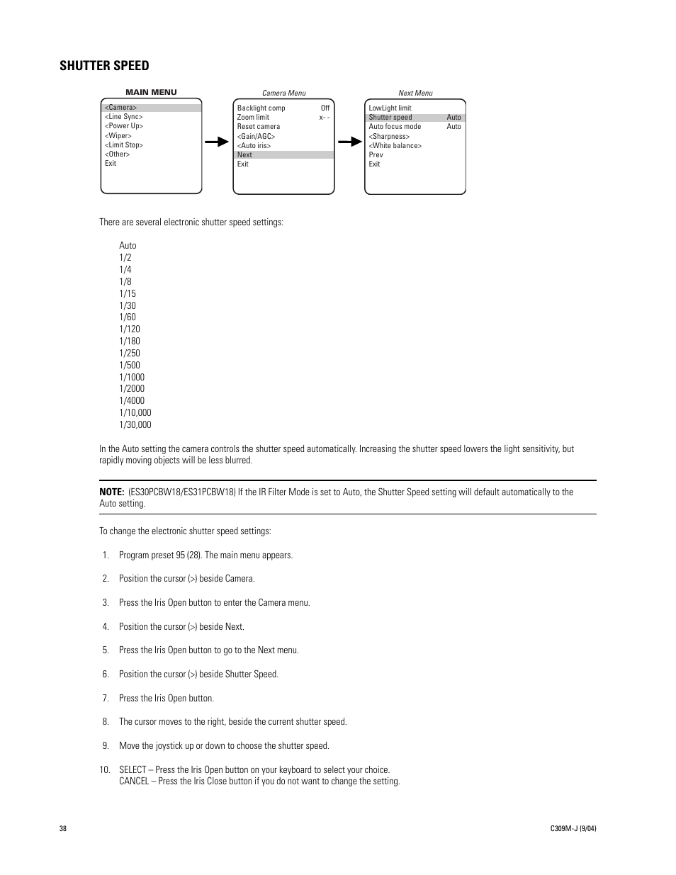 Shutter speed | Pelco ESPRIT ES30C User Manual | Page 38 / 50