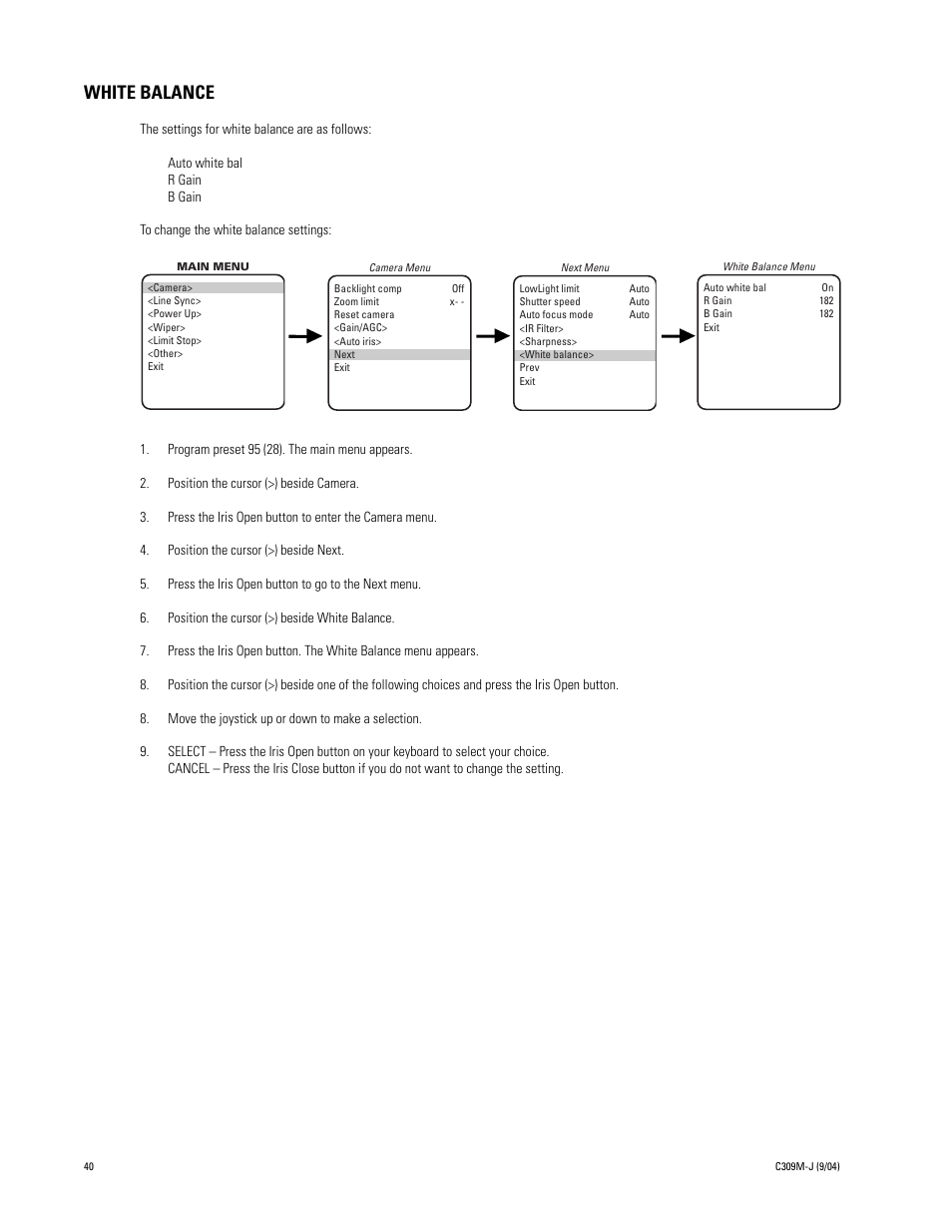 White balance, Wiper mode | Pelco ESPRIT ES30C User Manual | Page 40 / 50