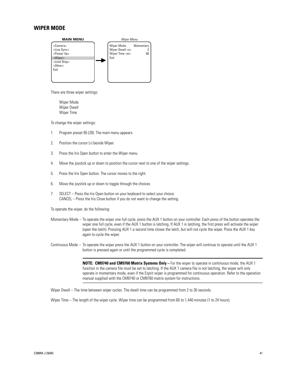 Wiper mode | Pelco ESPRIT ES30C User Manual | Page 41 / 50