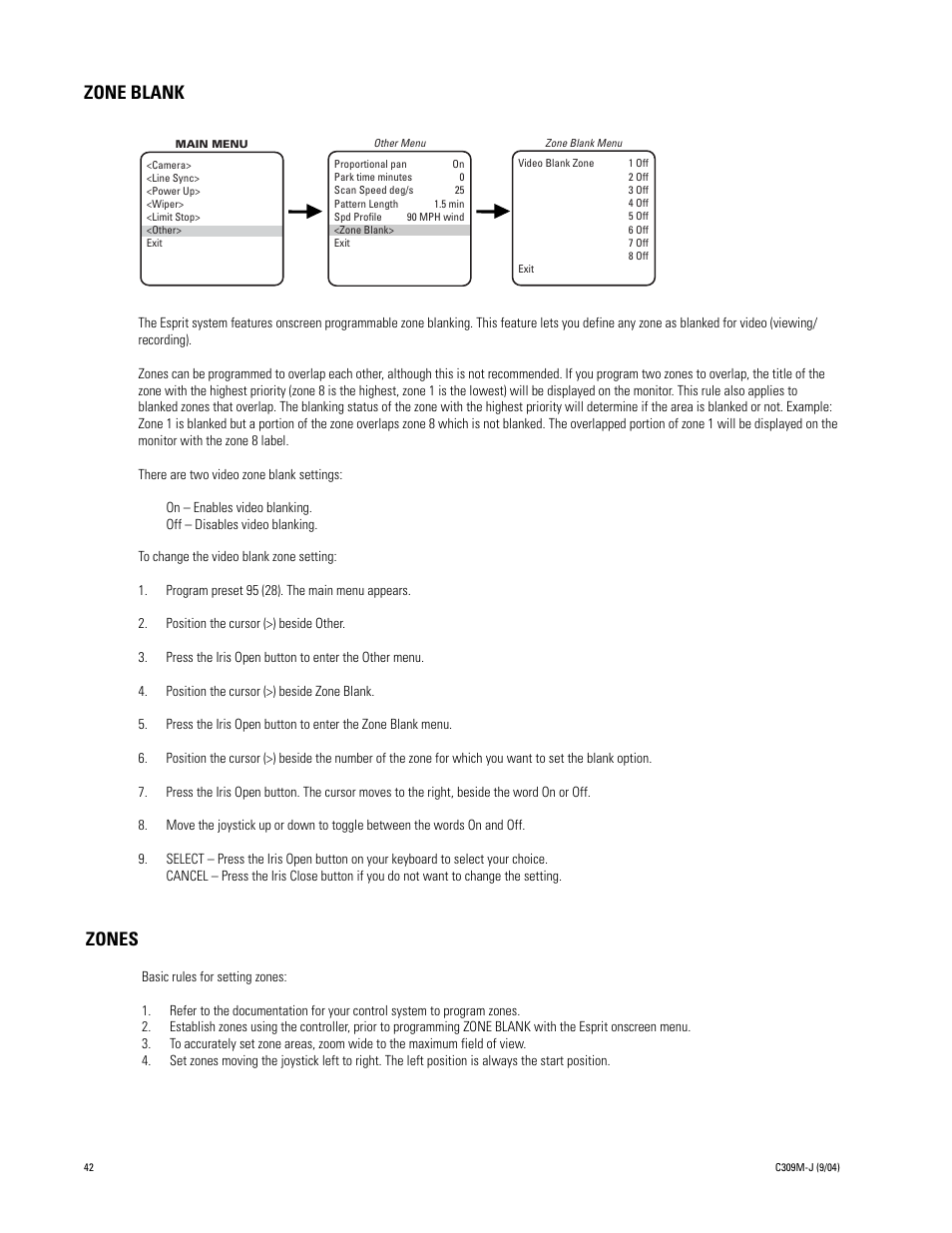 Zone blank, Zones | Pelco ESPRIT ES30C User Manual | Page 42 / 50