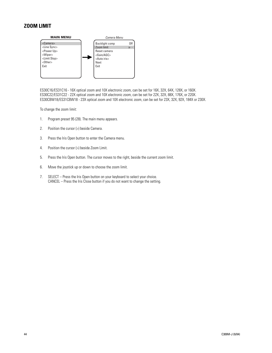 Zoom limit | Pelco ESPRIT ES30C User Manual | Page 44 / 50