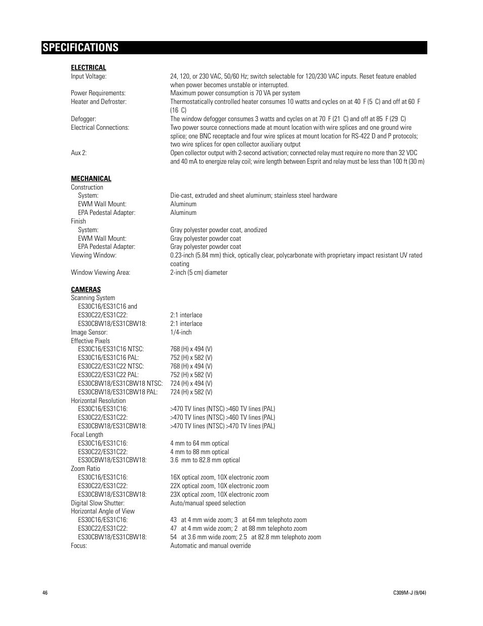Specifications | Pelco ESPRIT ES30C User Manual | Page 46 / 50