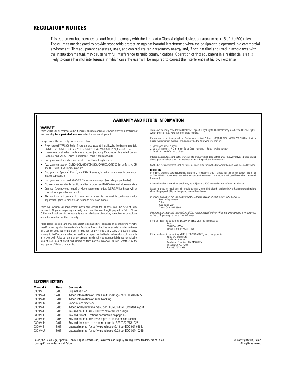 Regulatory notices | Pelco ESPRIT ES30C User Manual | Page 49 / 50