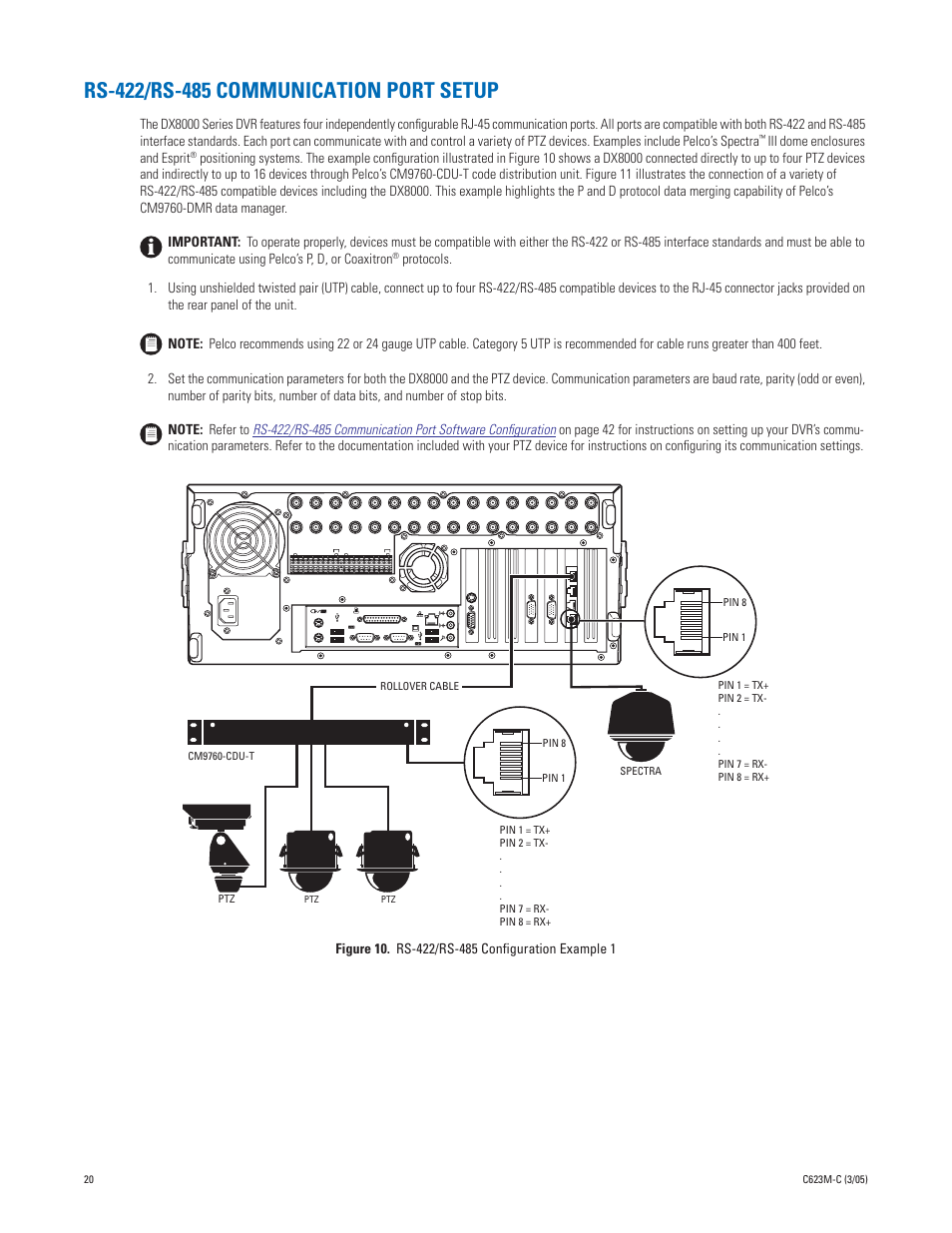 Rs-422/rs-485 communication port setup, Iii dome enclosures and esprit | Pelco Dx8000 User Manual | Page 20 / 96