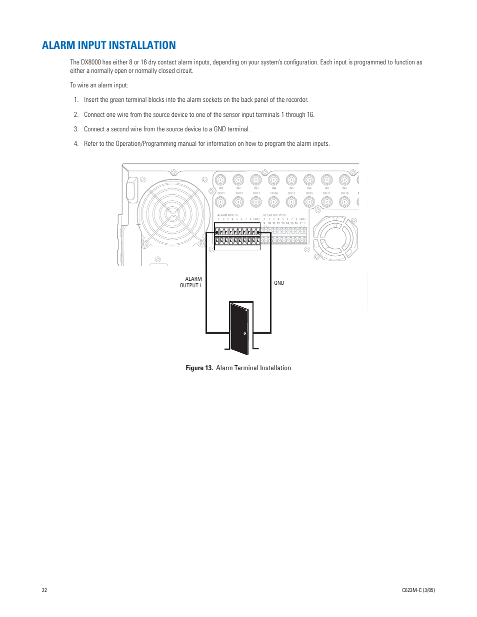 Alarm input installation | Pelco Dx8000 User Manual | Page 22 / 96