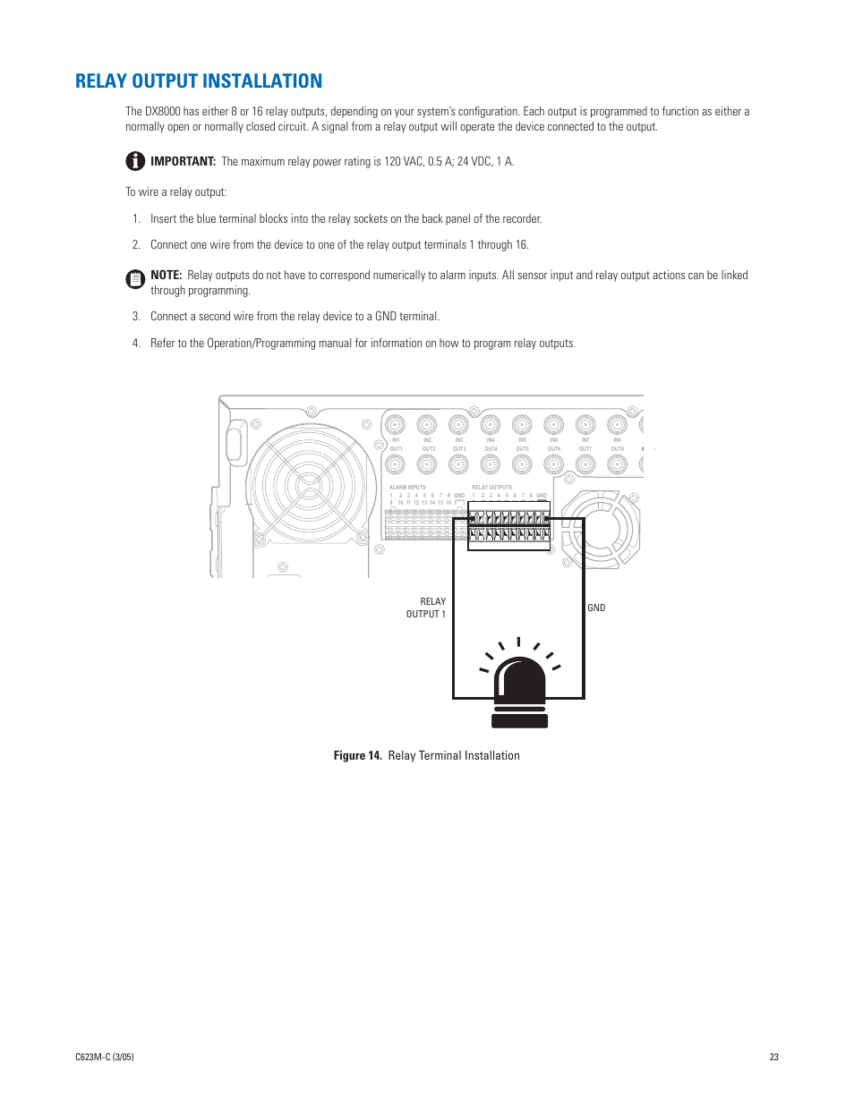 Relay output installation | Pelco Dx8000 User Manual | Page 23 / 96