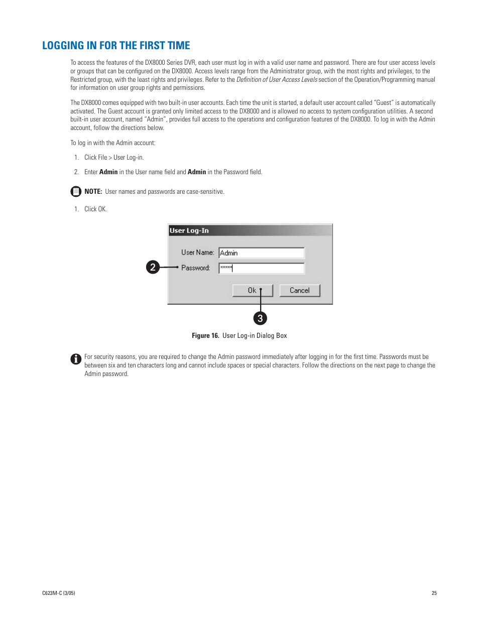 Logging in for the first time | Pelco Dx8000 User Manual | Page 25 / 96