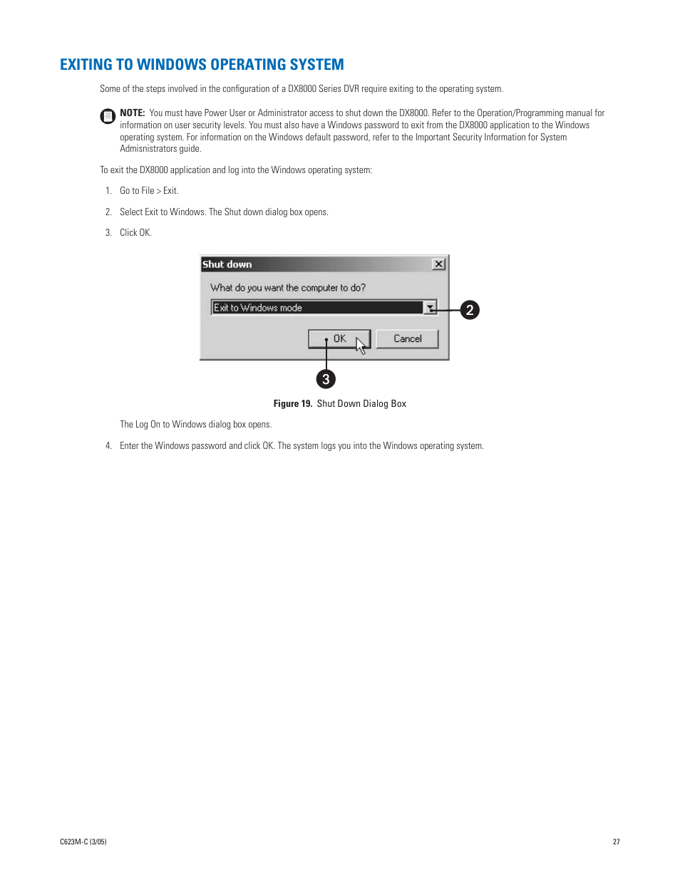Exiting to windows operating system | Pelco Dx8000 User Manual | Page 27 / 96