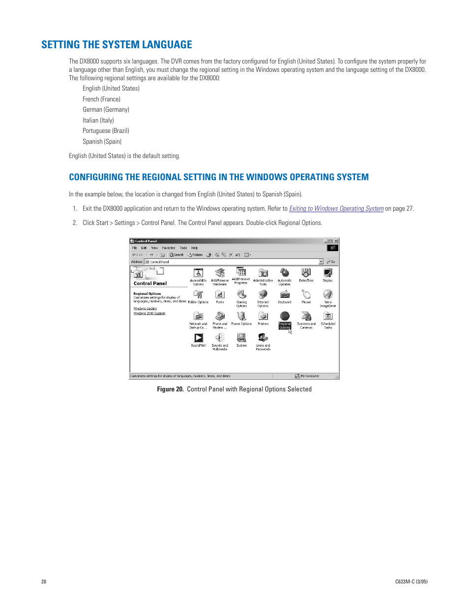 Setting the system language | Pelco Dx8000 User Manual | Page 28 / 96
