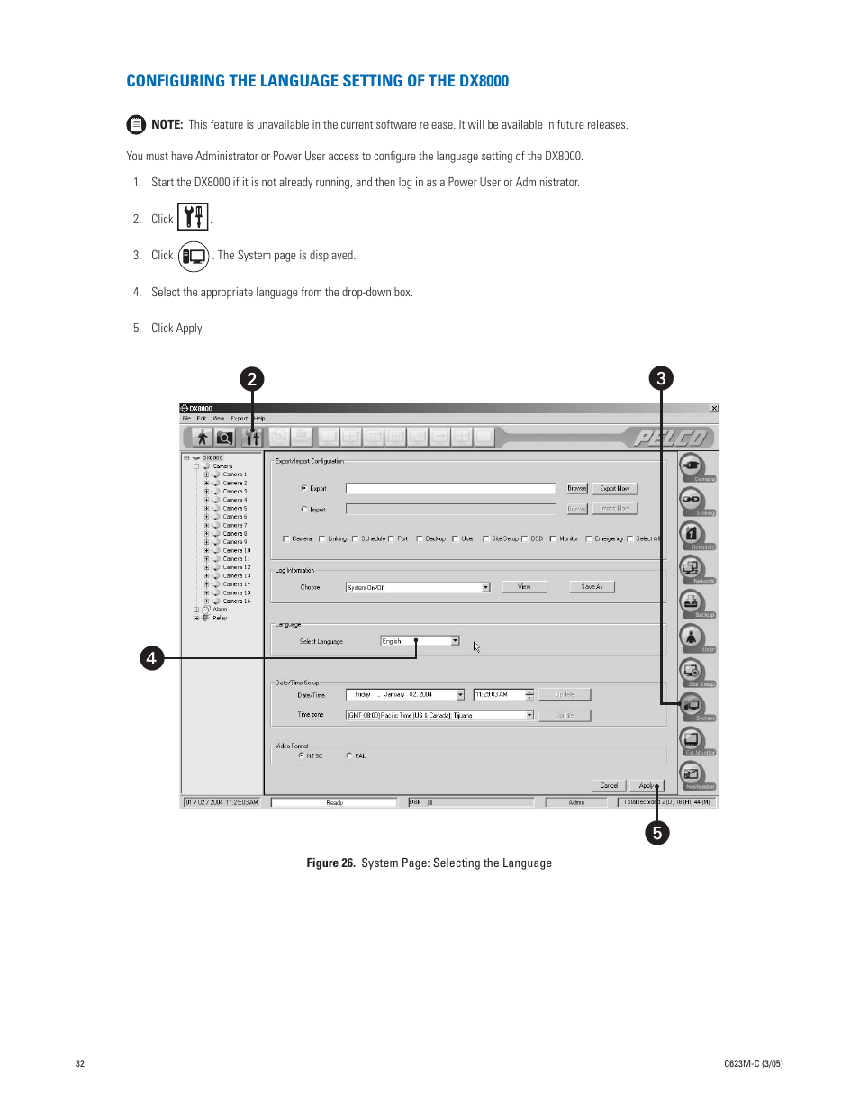Configuring the language setting of the dx8000, ᕥᕢ ᕤ ᕣ | Pelco Dx8000 User Manual | Page 32 / 96