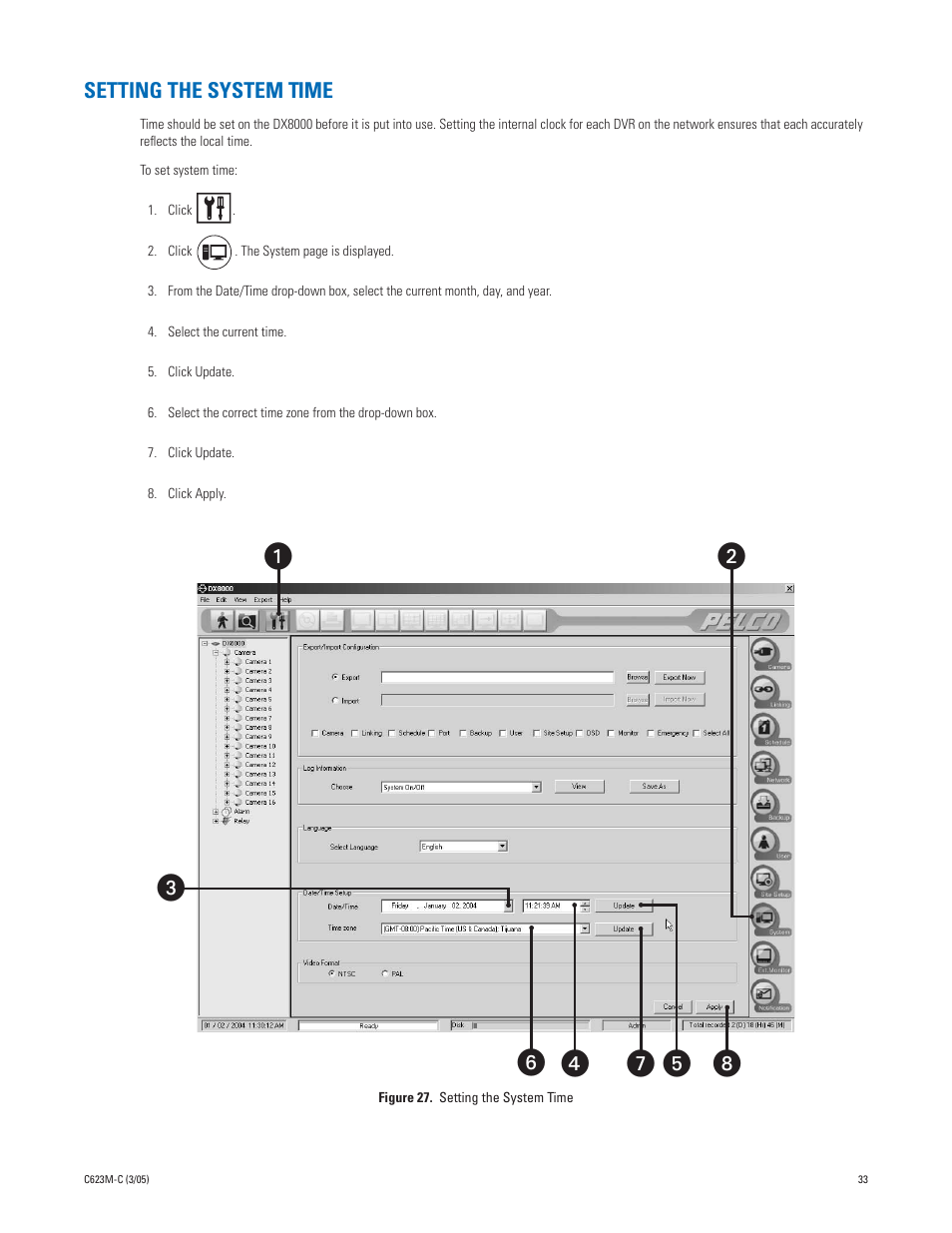 Setting the system time | Pelco Dx8000 User Manual | Page 33 / 96