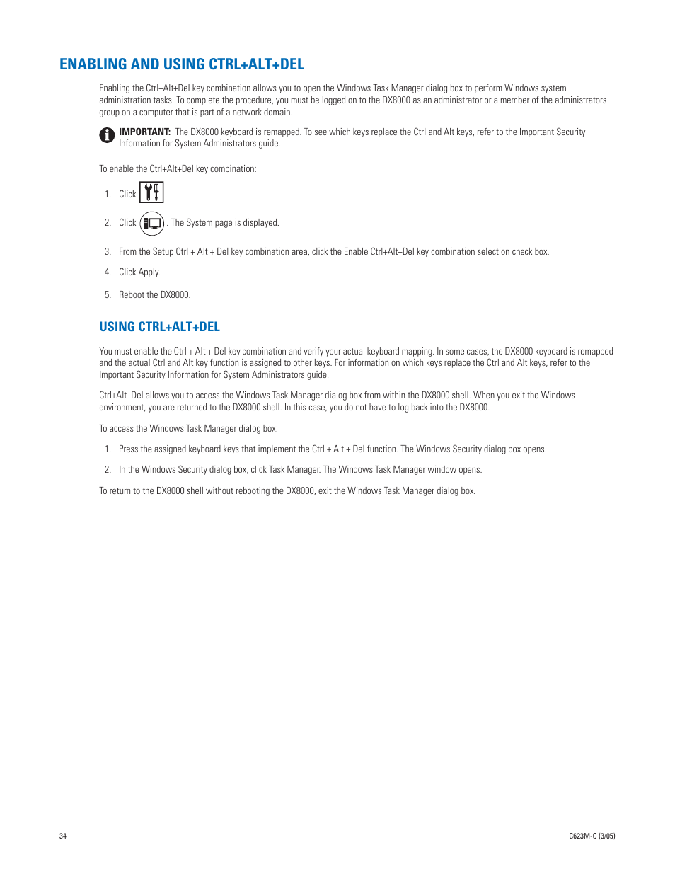 Enabling and using ctrl+alt+del, Using ctrl+alt+del | Pelco Dx8000 User Manual | Page 34 / 96