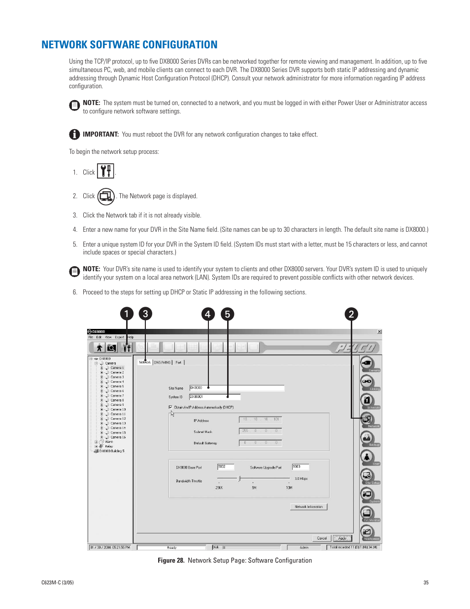 Network software configuration, ᕣᕡ ᕢ ᕤ ᕥ | Pelco Dx8000 User Manual | Page 35 / 96