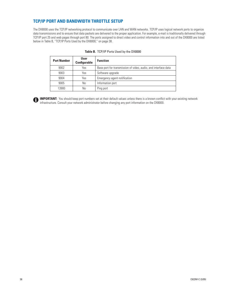 Tcp/ip port and bandwidth throttle setup, Tcp/ip ports used by the dx8000 | Pelco Dx8000 User Manual | Page 38 / 96