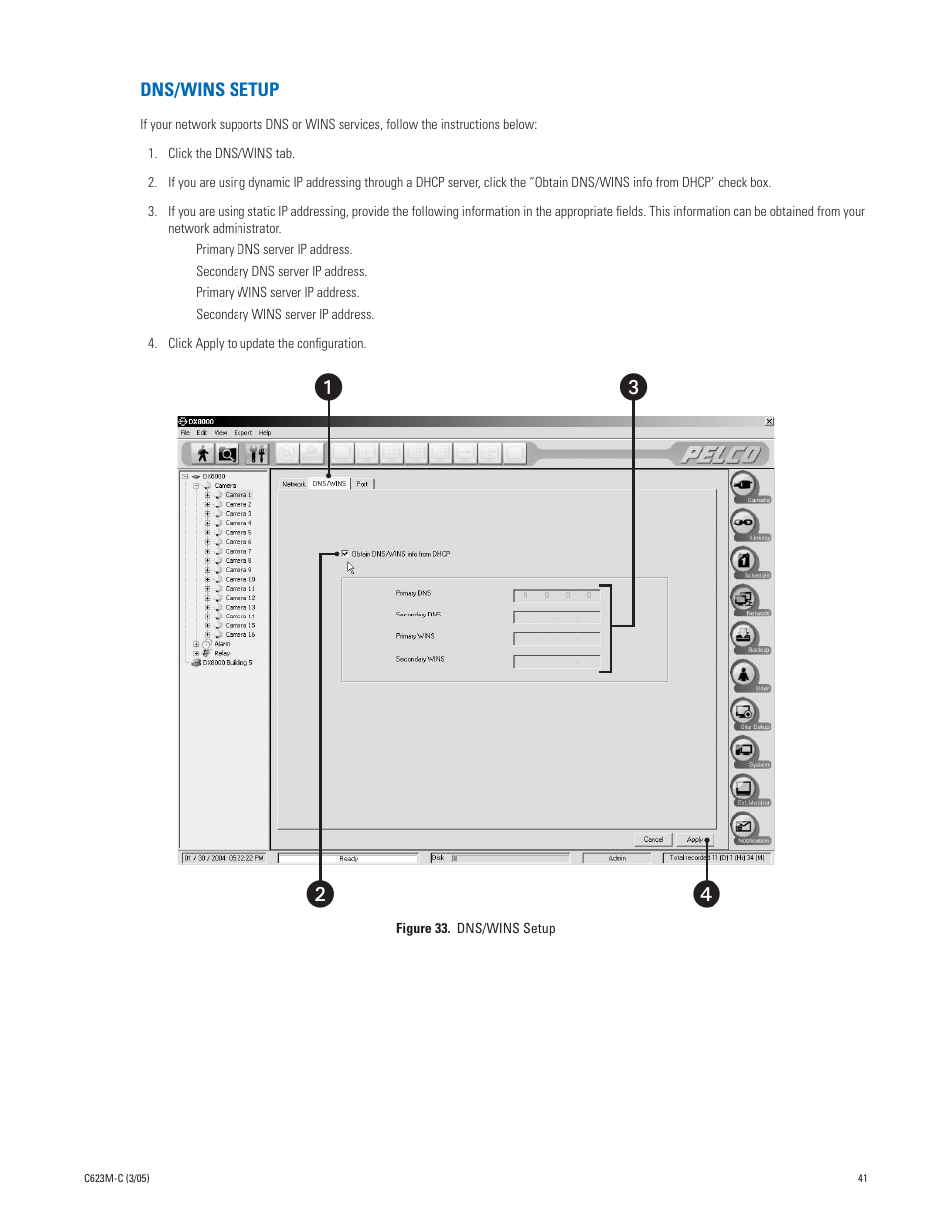 Dns/wins setup, ᕡᕣ ᕤ ᕢ | Pelco Dx8000 User Manual | Page 41 / 96