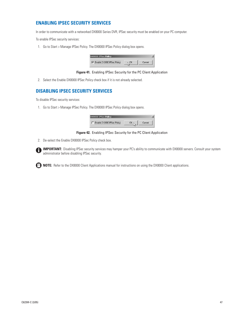 Enabling ipsec security services, Disabling ipsec security services | Pelco Dx8000 User Manual | Page 47 / 96