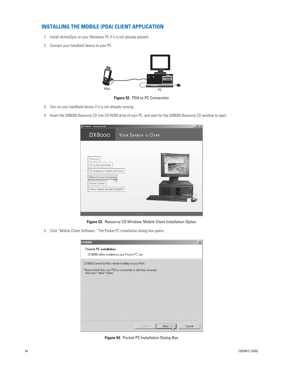 Installing the mobile (pda) client application | Pelco Dx8000 User Manual | Page 54 / 96