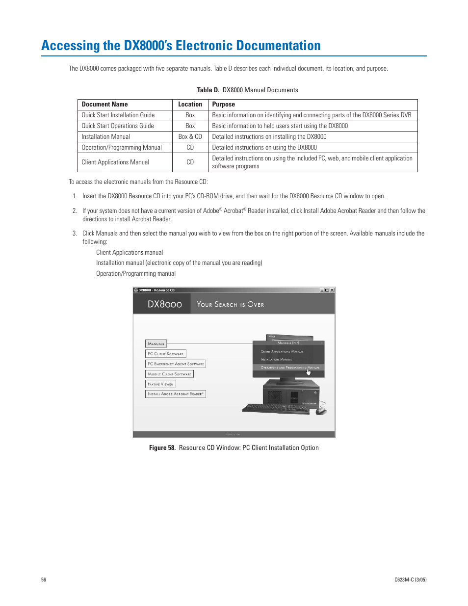 Accessing the dx8000’s electronic documentation, Dx8000 manual documents | Pelco Dx8000 User Manual | Page 56 / 96