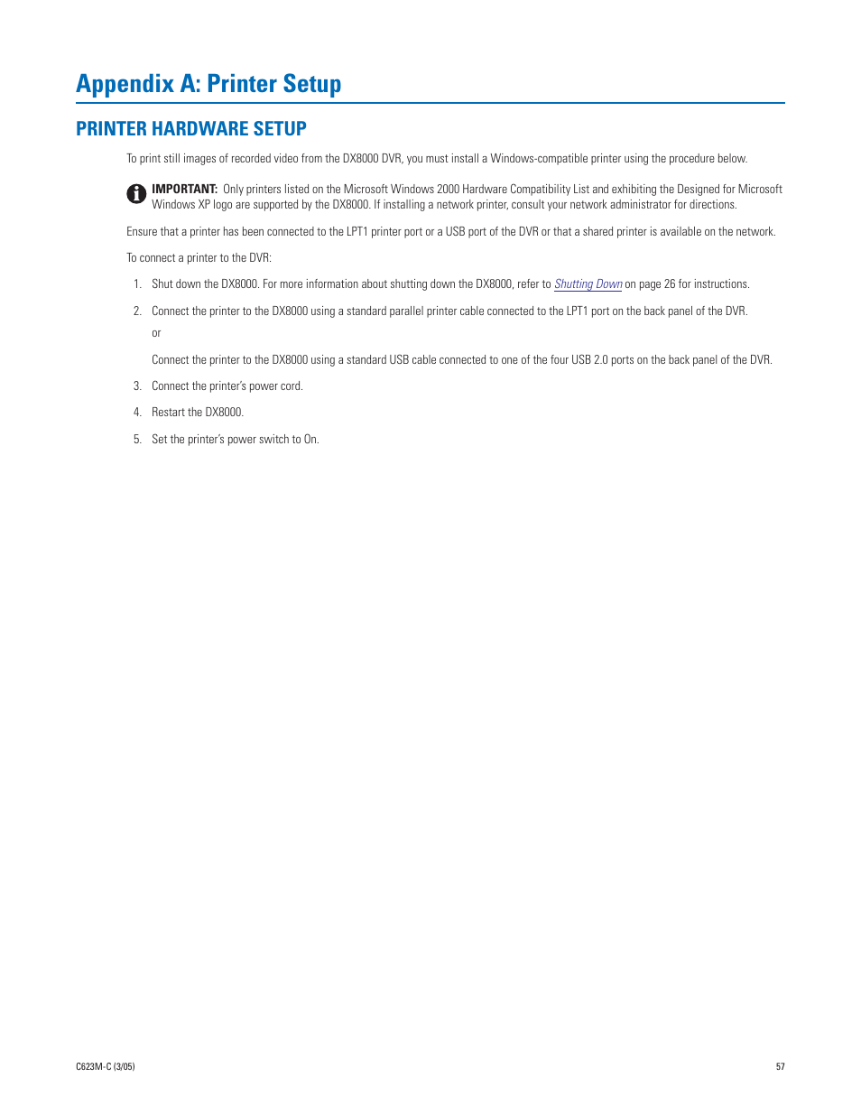 Appendix a: printer setup, Printer hardware setup | Pelco Dx8000 User Manual | Page 57 / 96
