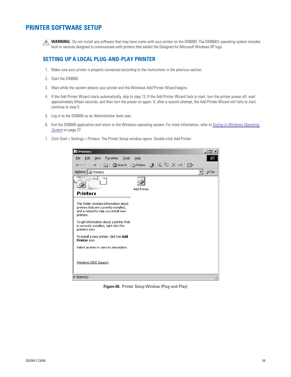 Printer software setup, Setting up a local plug-and-play printer | Pelco Dx8000 User Manual | Page 59 / 96