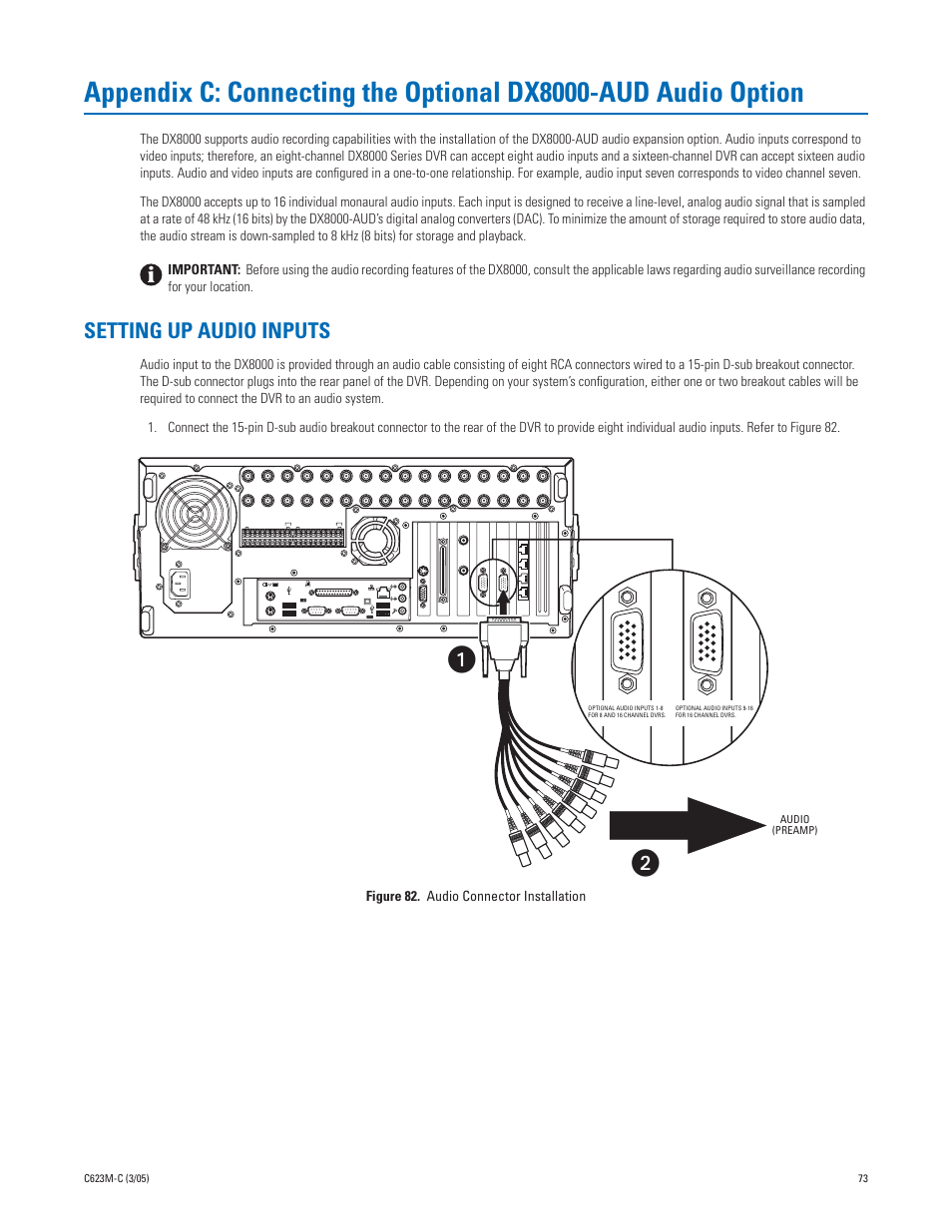 Setting up audio inputs, Audio (preamp) | Pelco Dx8000 User Manual | Page 73 / 96
