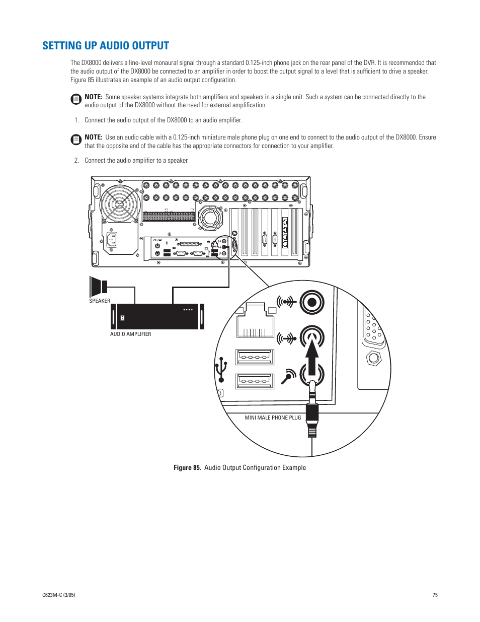 Setting up audio output, Speaker mini male phone plug, Audio amplifier | Pelco Dx8000 User Manual | Page 75 / 96
