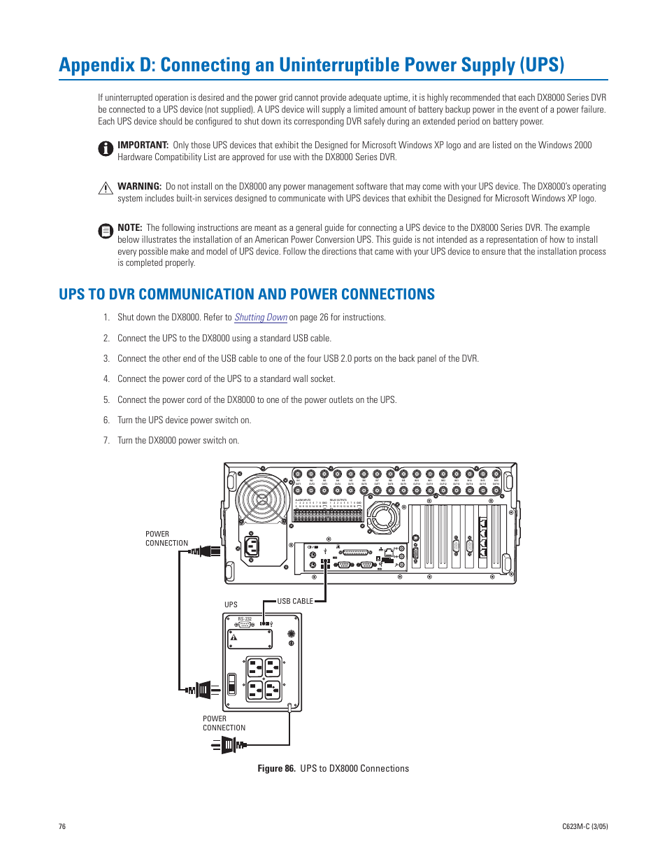 Ups to dvr communication and power connections | Pelco Dx8000 User Manual | Page 76 / 96