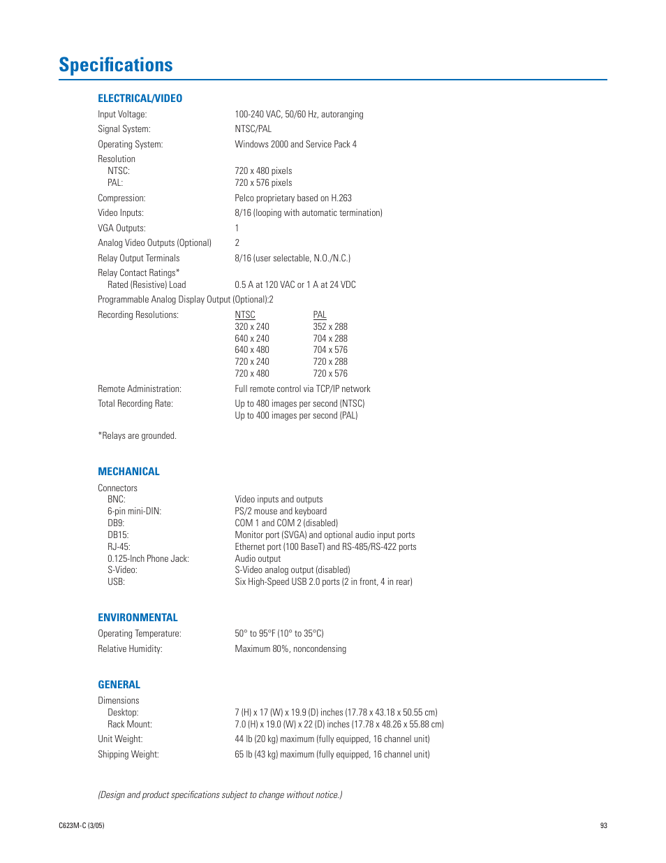 Specifications | Pelco Dx8000 User Manual | Page 93 / 96
