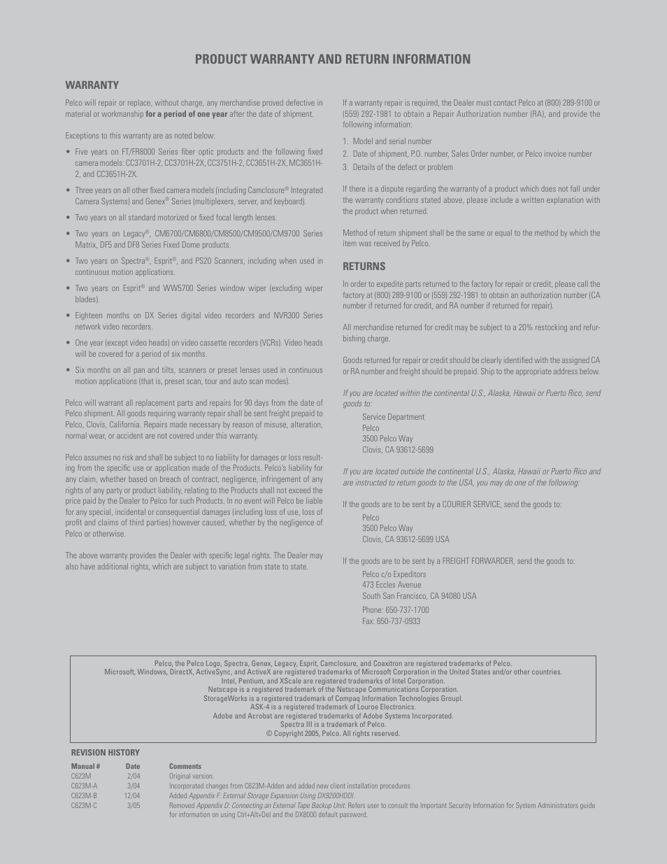 Product warranty and return information, Warranty, Returns | Pelco Dx8000 User Manual | Page 95 / 96