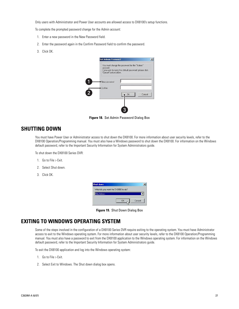 Shutting down, Exiting to windows operating system, Shutting down exiting to windows operating system | ᕢᕣ ᕡ | Pelco DX8100 User Manual | Page 27 / 92