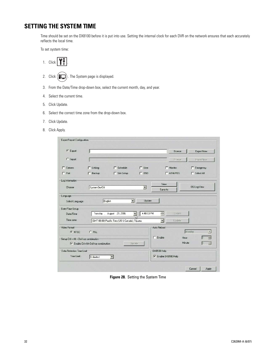 Setting the system time, 28 setting the system time | Pelco DX8100 User Manual | Page 32 / 92