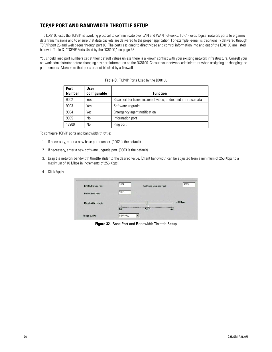 Tcp/ip port and bandwidth throttle setup, 32 base port and bandwidth throttle setup, Tcp/ip ports used by the dx8100 | Pelco DX8100 User Manual | Page 36 / 92