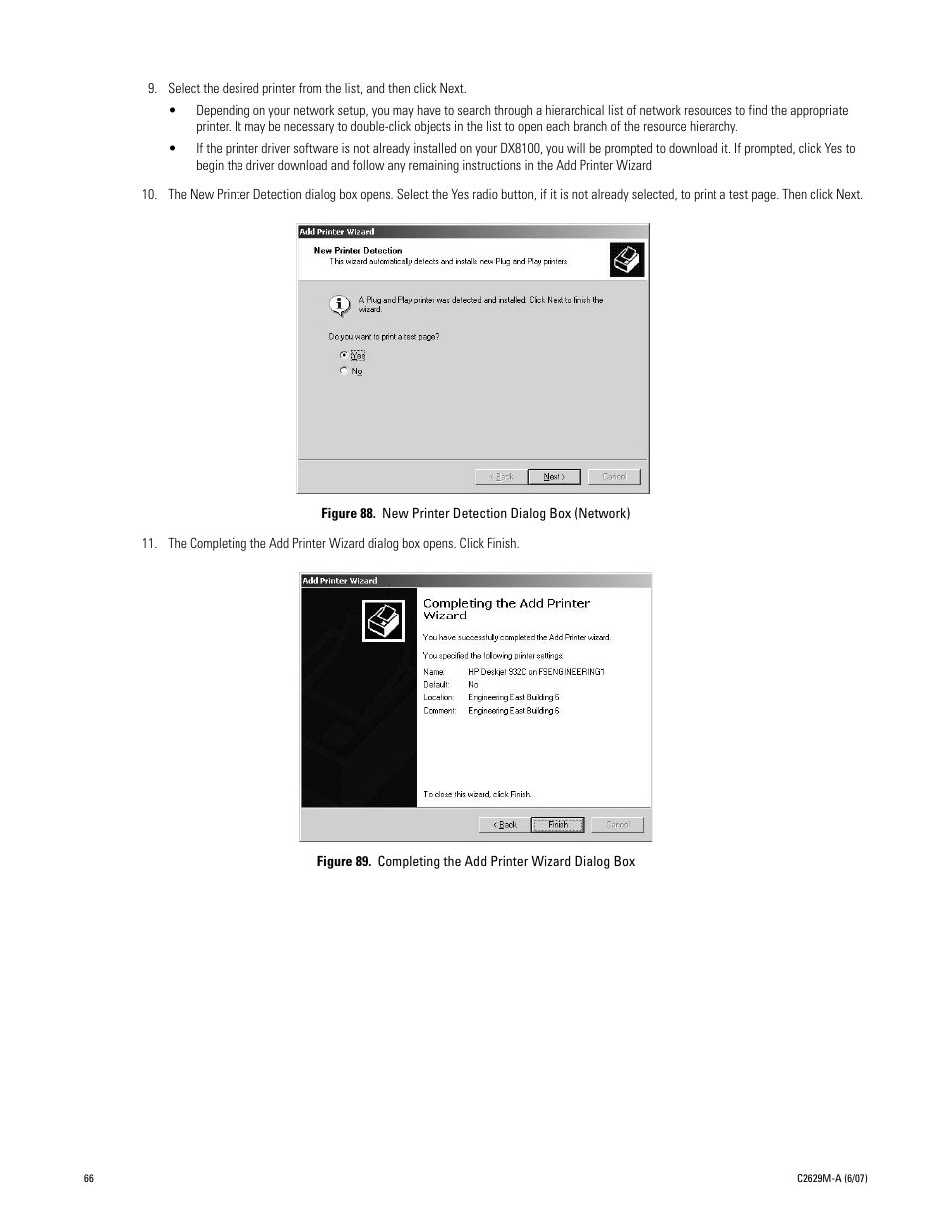 88 new printer detection dialog box (network) 89, Completing the add printer wizard dialog box | Pelco DX8100 User Manual | Page 66 / 92