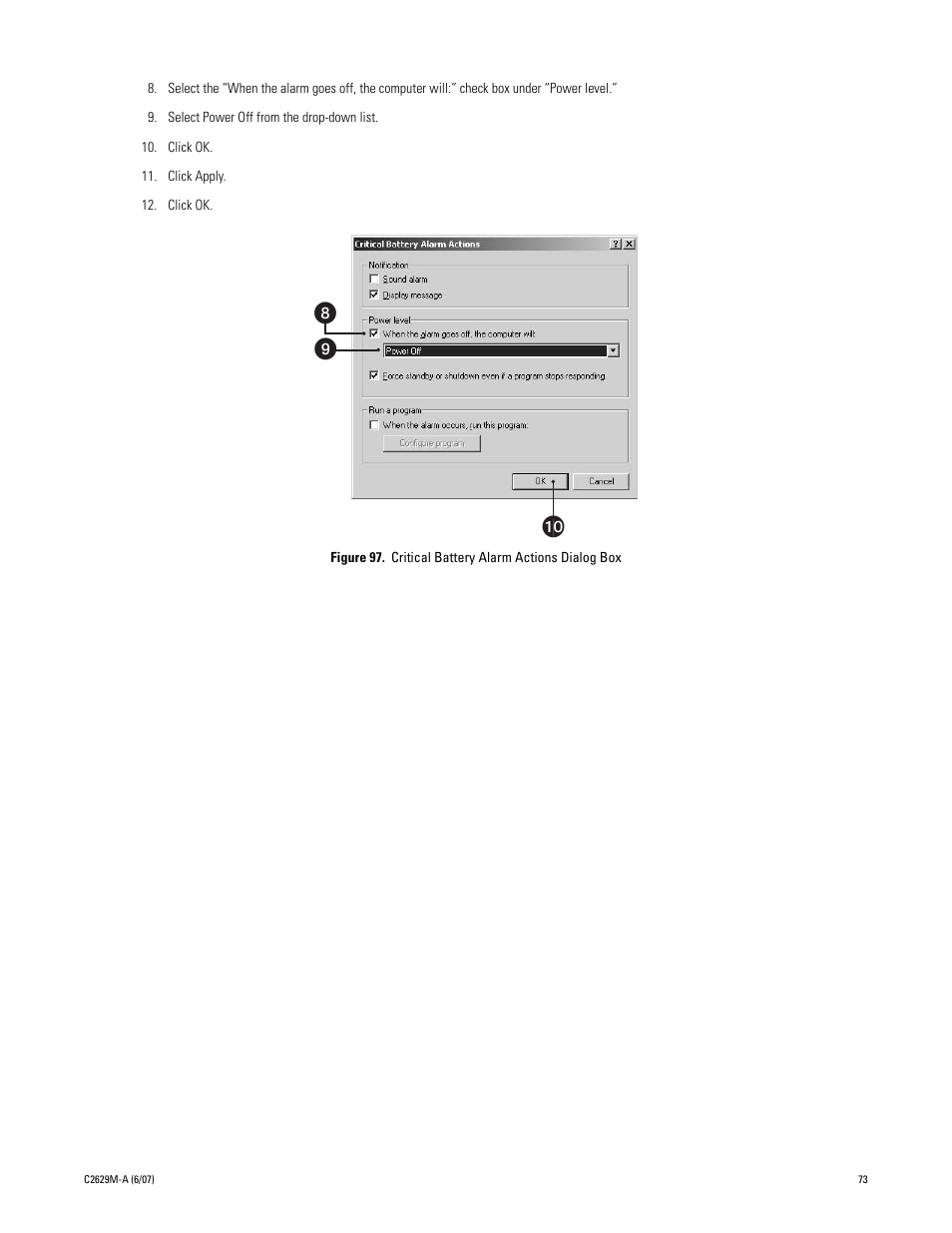 98 critical battery alarm actions dialog box, ᕨ ᕩ ᕫᕾ | Pelco DX8100 User Manual | Page 73 / 92