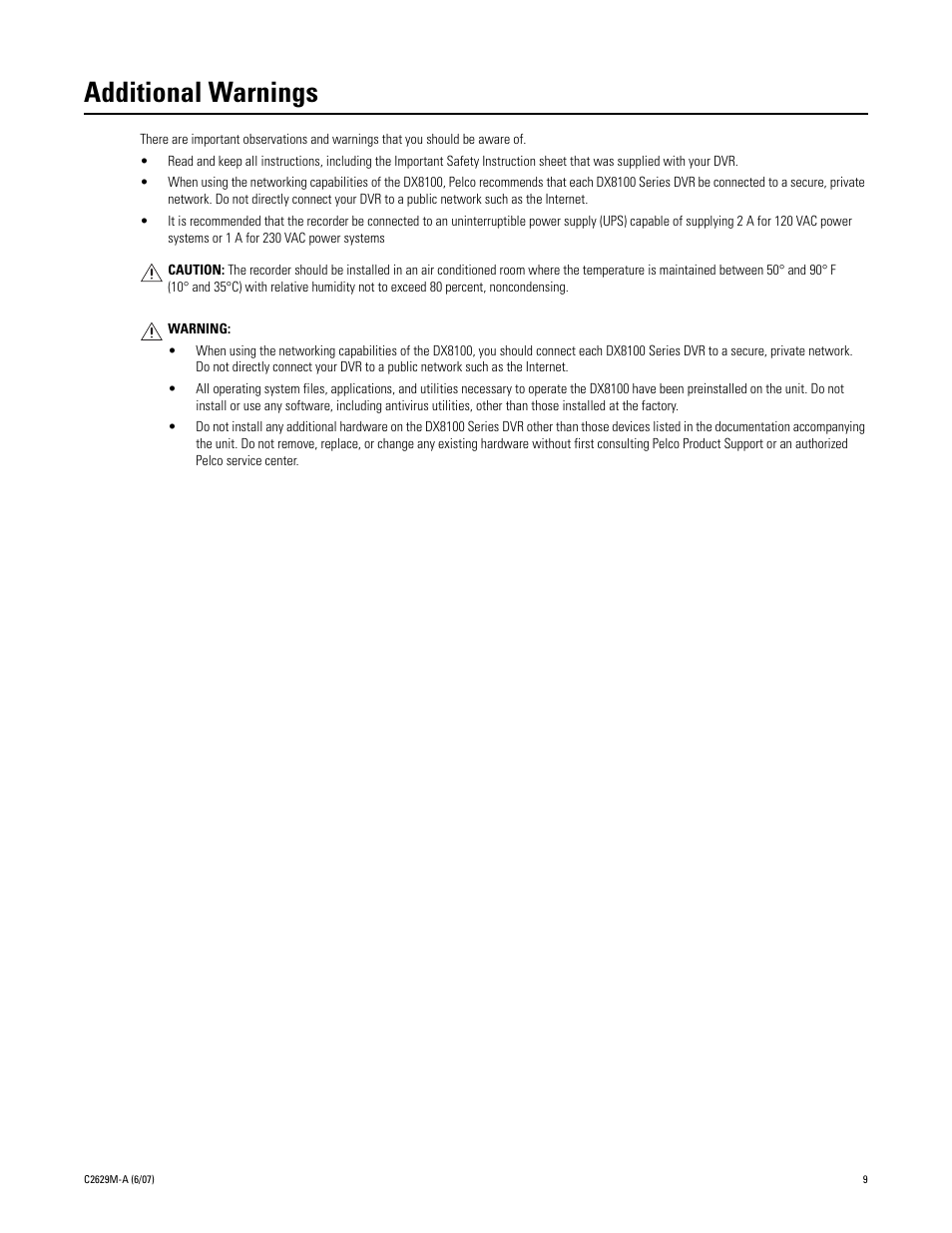 Additional warnings | Pelco DX8100 User Manual | Page 9 / 92
