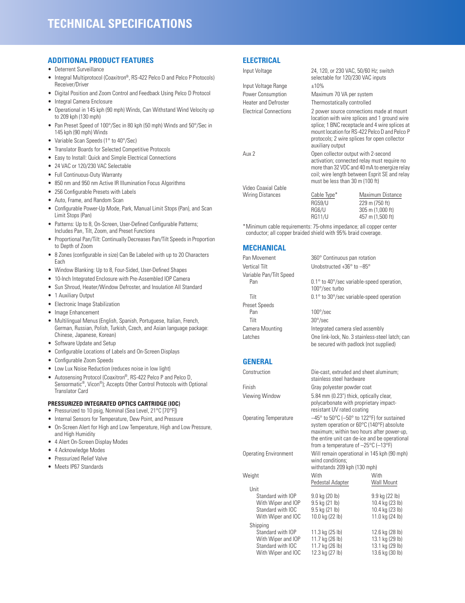 Technical specifications | Pelco Pisitioning System ES40 User Manual | Page 2 / 4