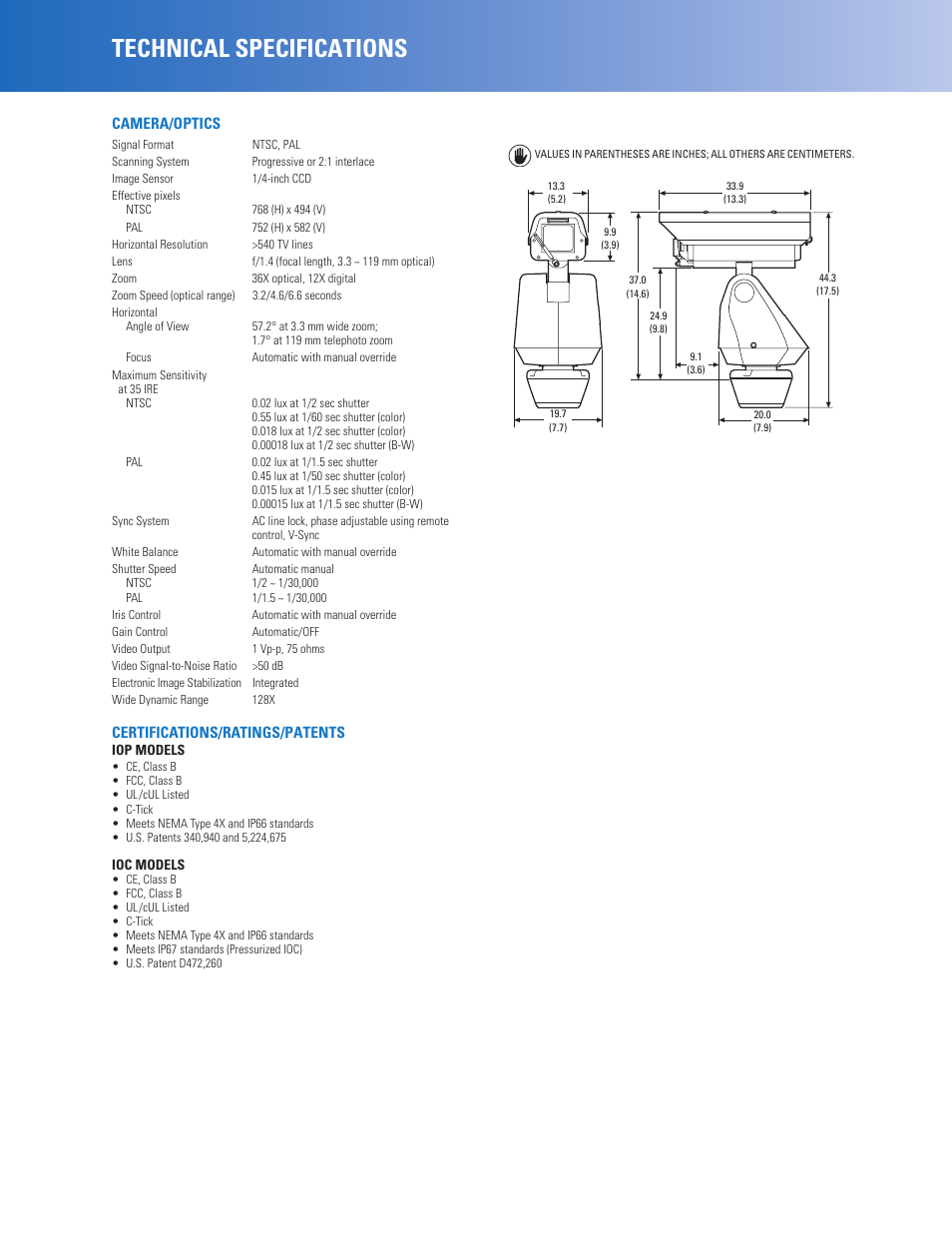Technical specifications | Pelco Pisitioning System ES40 User Manual | Page 3 / 4