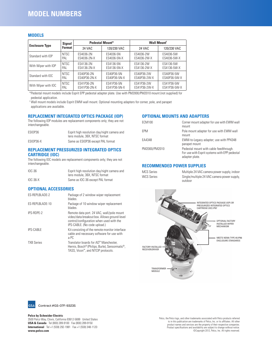 Model numbers, Models, Replacement integrated optics package (iop) | Optional accessories, Optional mounts and adapters, Recommended power supplies | Pelco Pisitioning System ES40 User Manual | Page 4 / 4