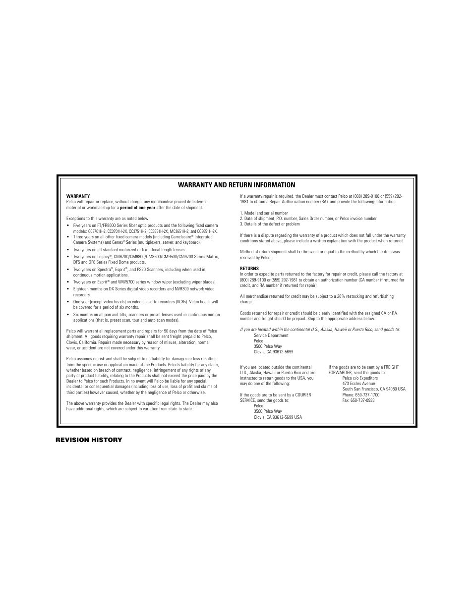 Warranty and return information | Pelco DX2000 User Manual | Page 114 / 114