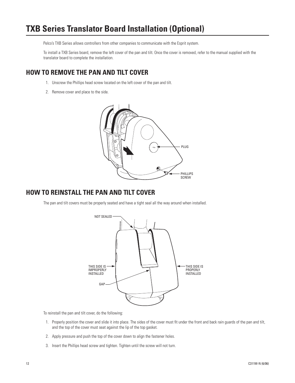 How to remove the pan and tilt cover, How to reinstall the pan and tilt cover | Pelco ESPRIT ES30PC User Manual | Page 12 / 70