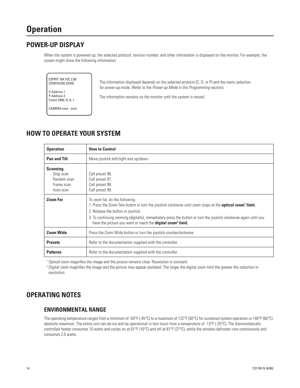 Operation, Power-up display, How to operate your system | Operating notes, Environmental range | Pelco ESPRIT ES30PC User Manual | Page 14 / 70