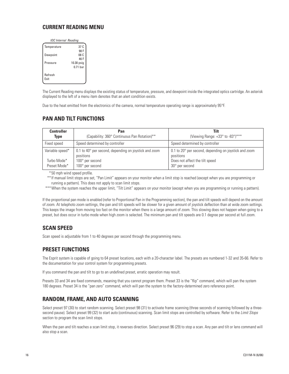 Current reading menu, Pan and tilt functions, Scan speed | Preset functions, Random, frame, and auto scanning | Pelco ESPRIT ES30PC User Manual | Page 16 / 70