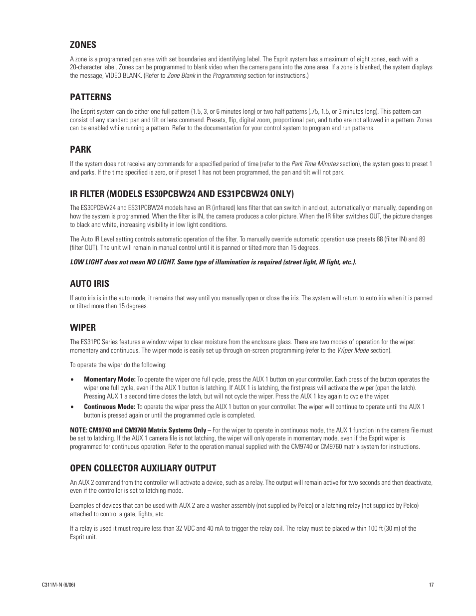 Zones, Patterns, Park | Ir filter (models es30pcbw24 and es31pcbw24 only), Auto iris, Wiper, Open collector auxiliary output | Pelco ESPRIT ES30PC User Manual | Page 17 / 70